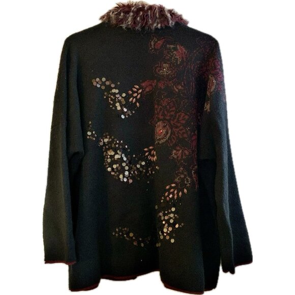 CHICO'S Sequin Beaded Cardigan Sweater Sz 3 (XL) Black/Red 3/4 Sleeve Faux Fur - Picture 2 of 16